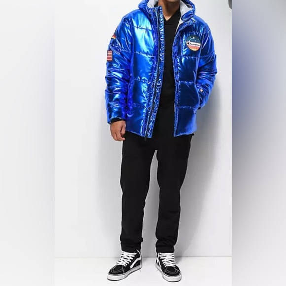 RARE Champion x NASA Metallic Puffer Jacket Mens Blue Quilted Space - Picture 3 of 12
